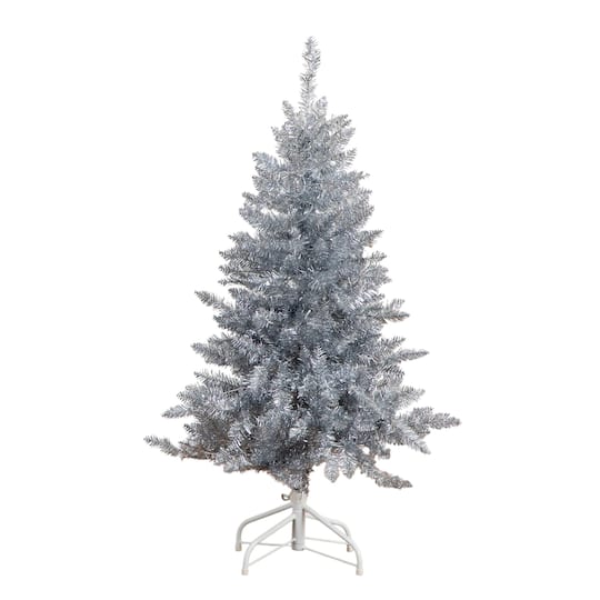4ft. Pre-Lit Silver Tinsel Artificial Christmas Tree, Cool White Lights